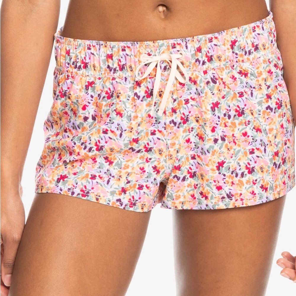 Roxy Pink Orange Yellow Purple Floral Drawstring Shorts Large